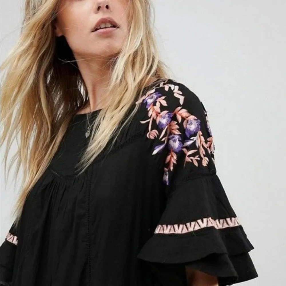 Free People Pavlo Baby Doll Embroidered Black Dress